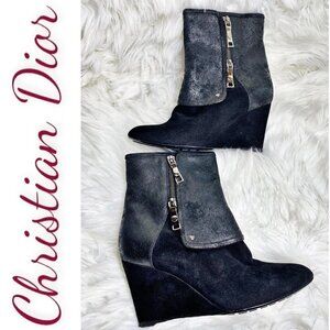 Christian Dior Metallic Black Suede Wedge Platform Ankle Boots, Size 9.5